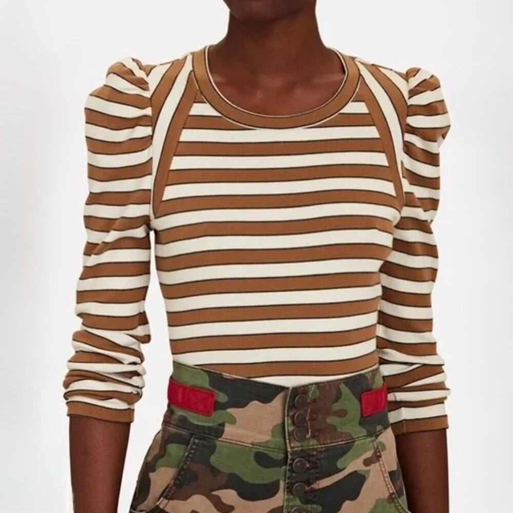 Veronica Beard Delano Striped Top Camel White Puff Sleeve Medium